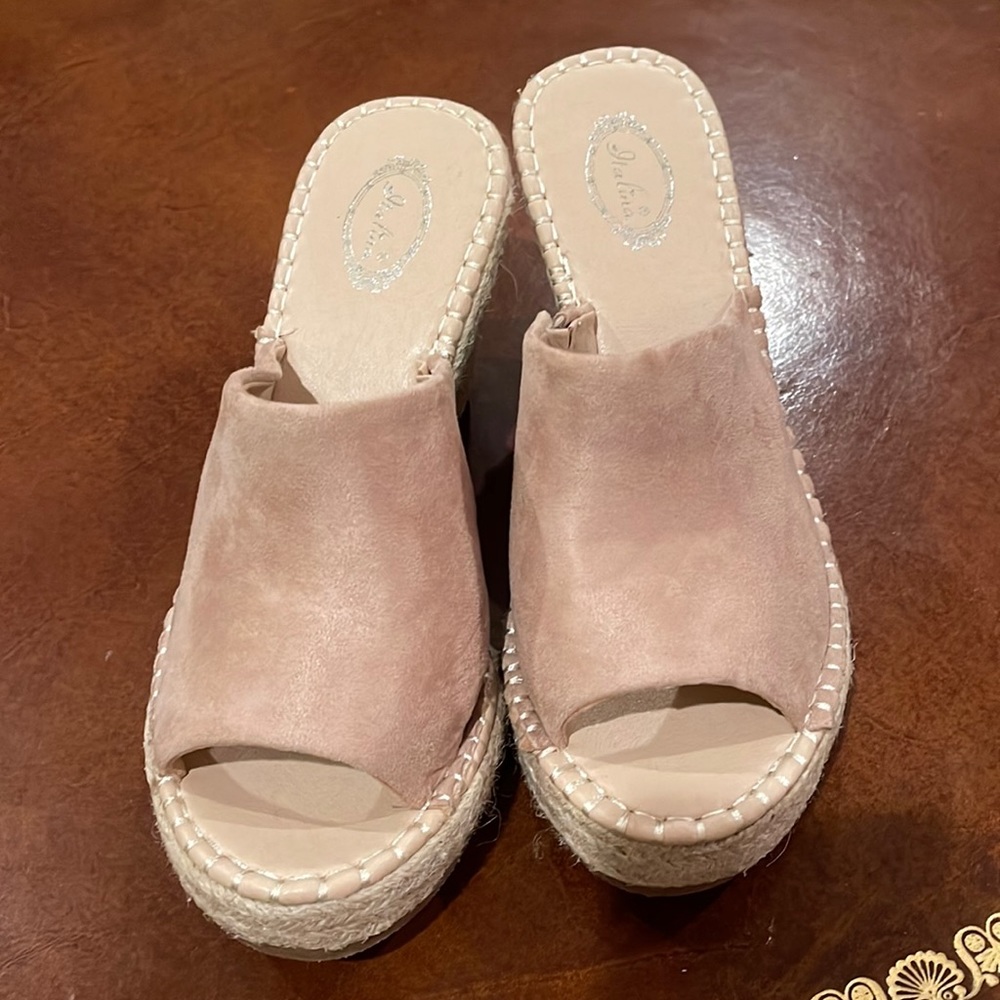 brushed suede woven heeled wedge slides